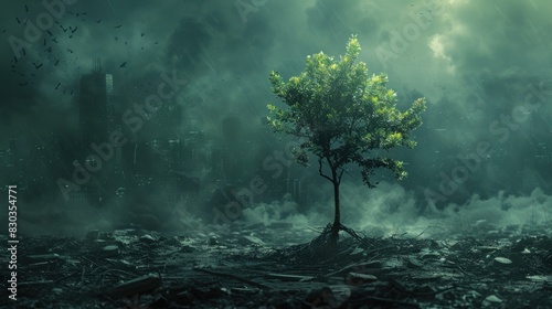 Amidst the devastation  a lone sapling defiantly stood  a symbol of nature s indomitable spirit.