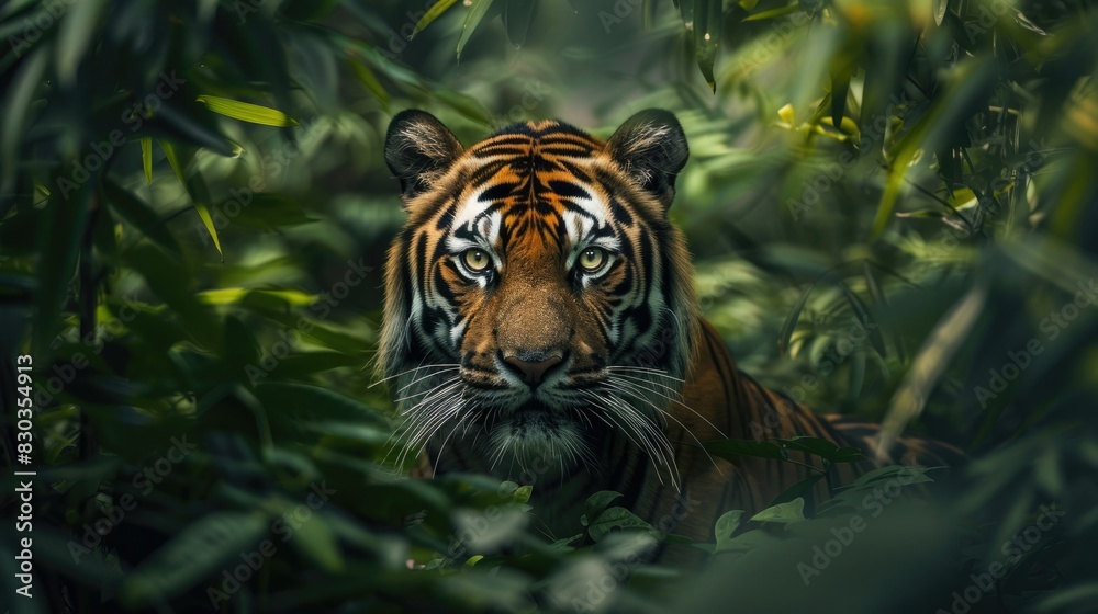 Majestic tiger prowling through lush foliage, exuding power and grace in its natural habitat
