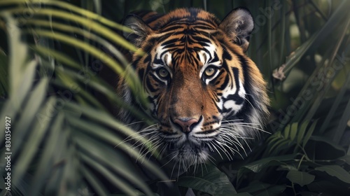 Majestic tiger prowling through lush foliage  exuding power and grace in its natural habitat