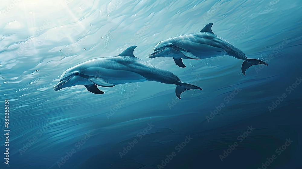 Obraz premium Pair of dolphins swimming in perfect harmony, their synchronized movements a captivating sight in the vast ocean expanse