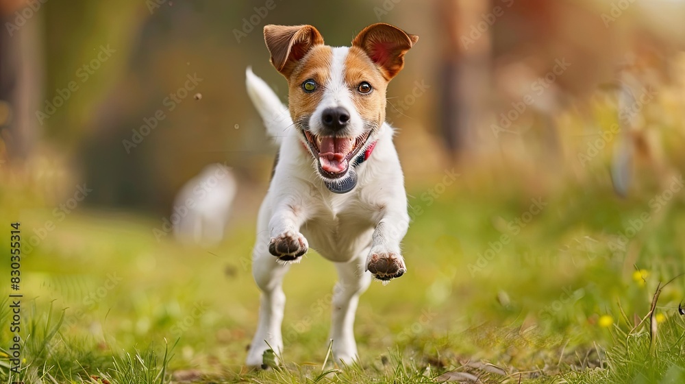 Playful dog wearing a playful bell collar, running happily in a park, epitomizing the joy of pet ownership