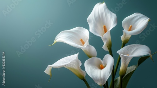 elegant flower arrangement, stunning white calla lilies in full bloom create an elegant and sophisticated floral backdrop with room for text photo