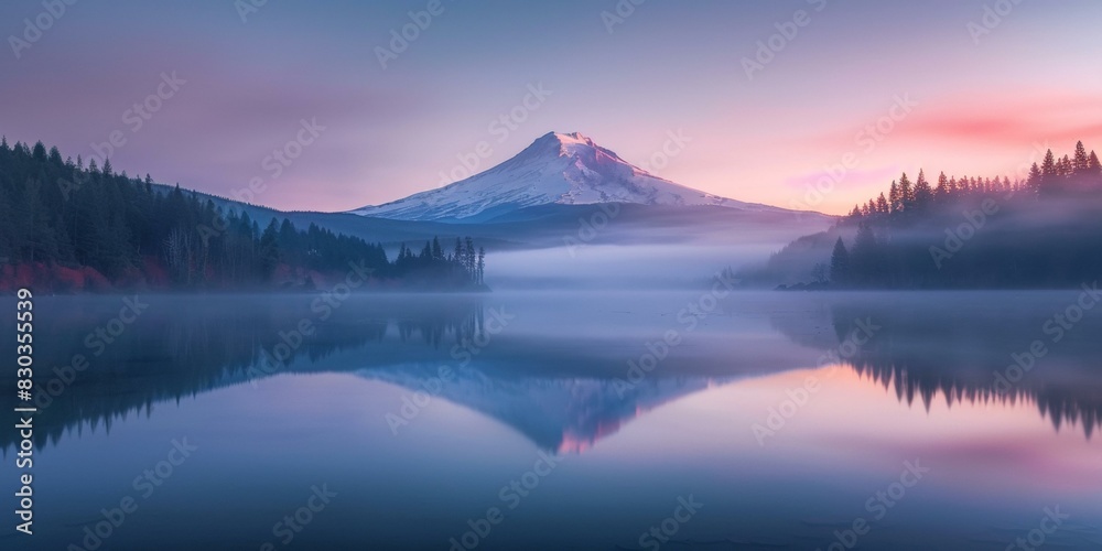 Majestic snow-covered mountain reflecting in calm lake during sunrise, creating serene symmetrical scenery with soft pink and blue hues.