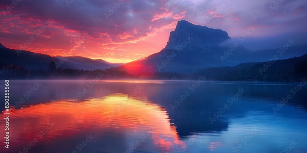 Stunning sunrise over tranquil lake with reflections of colorful sky & towering mountain, perfect for inspirational themes, nature events, serene holidays.
