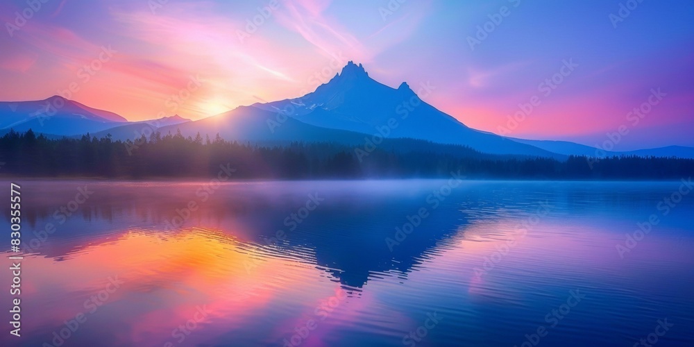 Fototapeta premium Spectacular misty lake sunrise with purple, pink, orange hues reflecting on calm water, majestic mountains in distance. Tranquil scene invokes serenity.