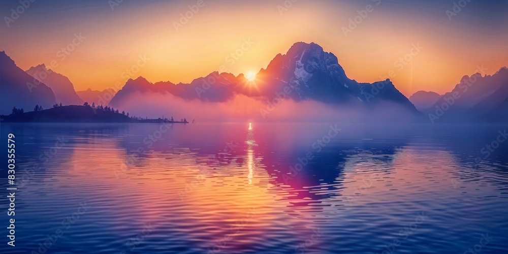 Enchanting sunrise over serene mountain lake reflecting vibrant pink, orange, blue hues; tranquil landscape inspiring peacefulness, meditation, new beginnings. Enchanting sunrise over serene mountain lake reflecting vibrant pink, orange, blue hues; tranquil landscape inspiring peacefulness, meditation, new beginnings.