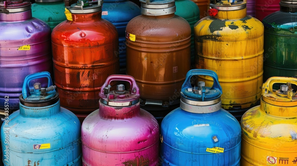 Row of colorful LPG gas cylinders neatly arranged, showcasing different sizes for household use Row of colorful LPG gas cylinders neatly arranged, showcasing different sizes for household use