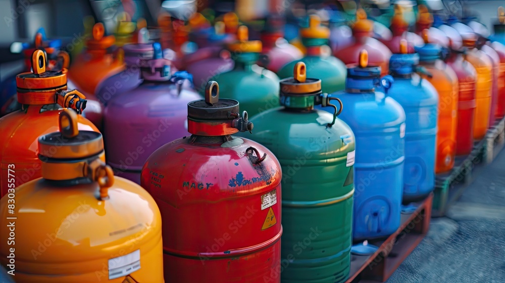 Row of colorful LPG gas cylinders neatly arranged, showcasing different sizes for household use Row of colorful LPG gas cylinders neatly arranged, showcasing different sizes for household use