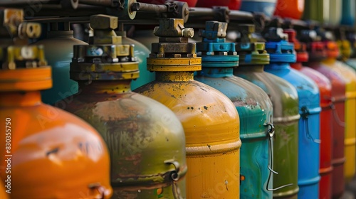 Row of colorful LPG gas cylinders neatly arranged, showcasing different sizes for household use
