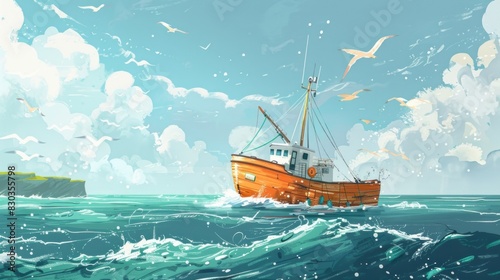 A cartoon image of a ship sailing on the sea with a blue sky.