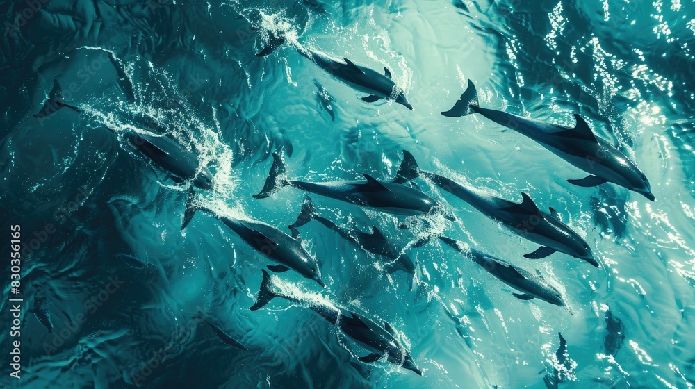 Fototapeta premium Stunning aerial view of a pod of dolphins swimming in formation, creating intricate patterns beneath the ocean surface