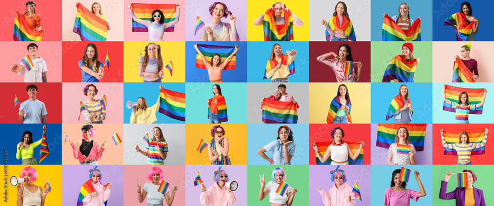 Collage of many people with LGBT flags on color background Collage of many people with LGBT flags on color background