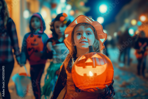 Young girl in Halloween costume holding a glowing pumpkin lantern, smiling while trick-or-treating on a festive night street with other children in the background.