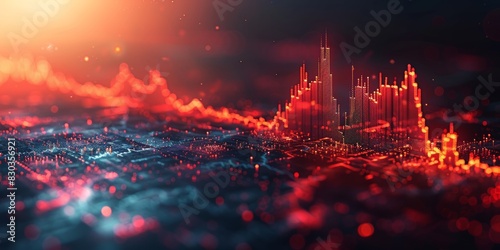 Stock market graph going up with arrow pointing upwards, background with dark gradient and light red highlights, white lines on black background