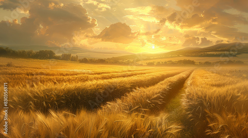 A field of golden wheat with a sun in the sky