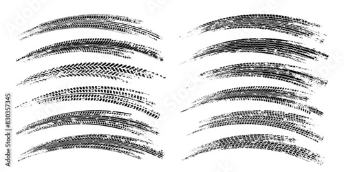 Grunge tire tracks, wheel braking marks. Truck, car or motorcycle tread pattern silhouettes. Auto race, motorsport, speed racing design element. Vector illustration
