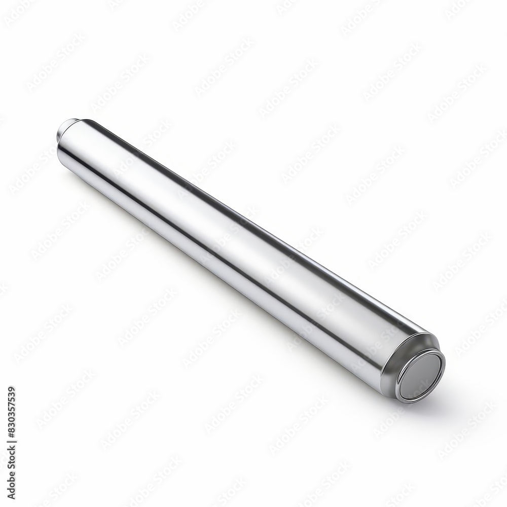 Stainless steel rolling pin with a polished finish and ergonomic handles, isolated solid white background Stainless steel rolling pin with a polished finish and ergonomic handles, isolated solid white background