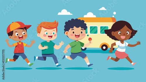 In a frenzy of giggles and shouts a pack of children excitedly chase after the ice cream truck determined not to miss out on their favorite icy treat.. Vector illustration