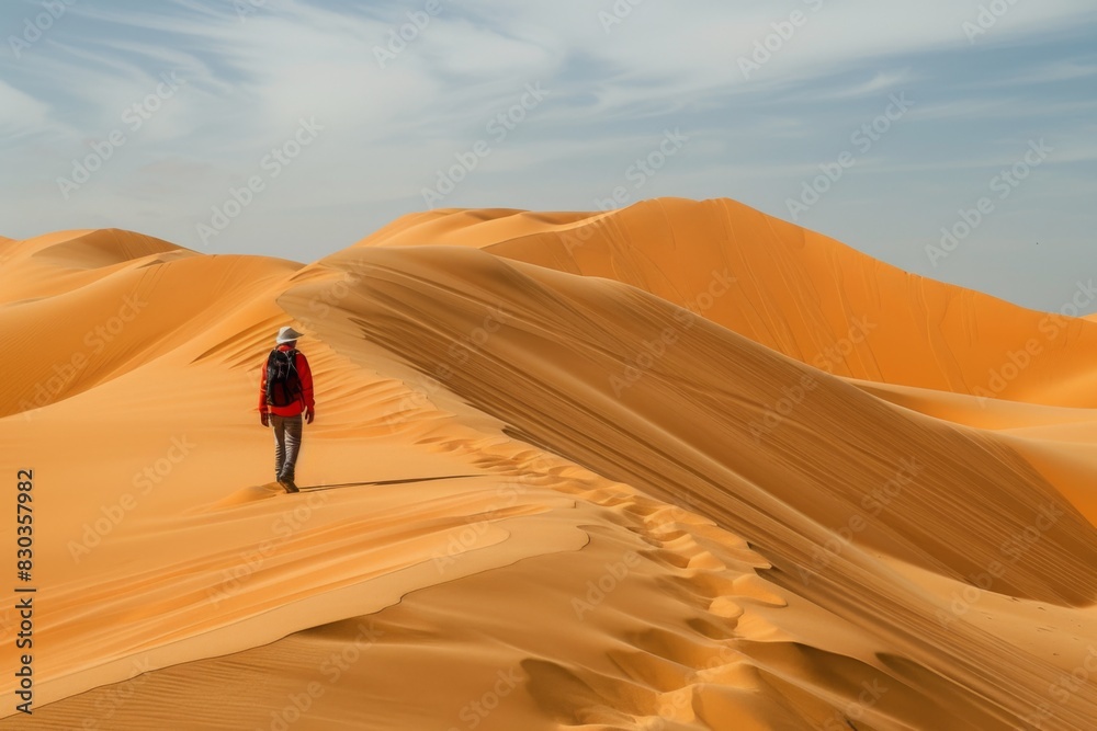 Man walking across a desert with a backpack