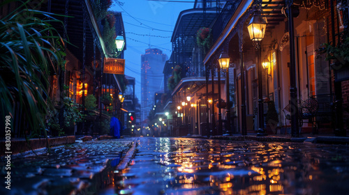 A rainy night in a city with a street filled with lights and people photo
