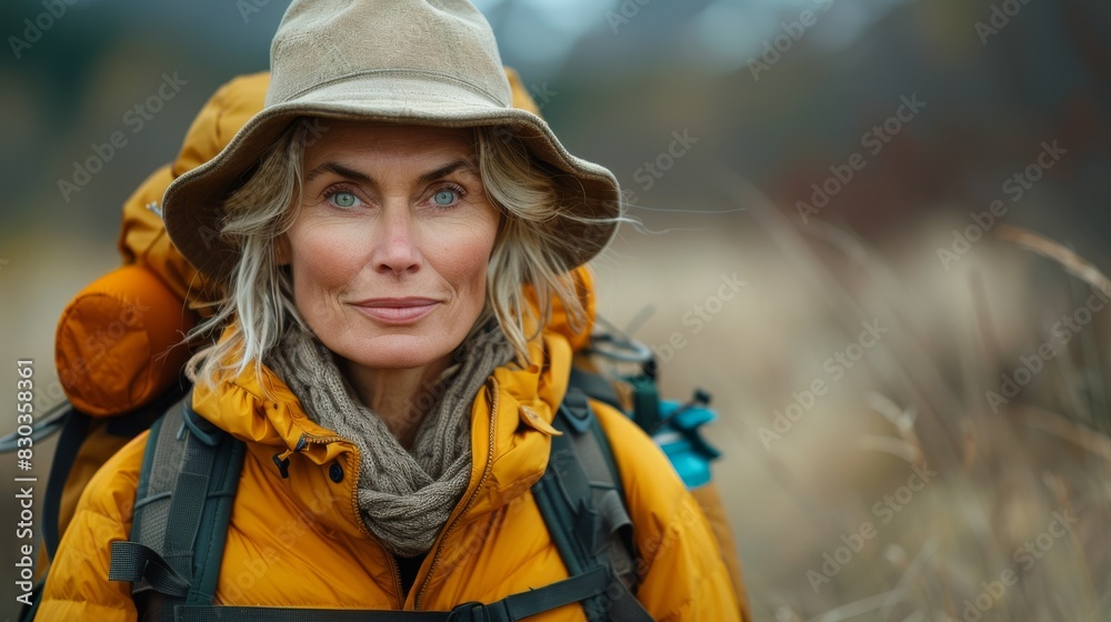 Confident woman hiker with backpack in a natural autumn setting