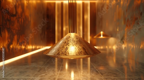 Intricacies of a brass pendant light, concept of realistic modern interior design
