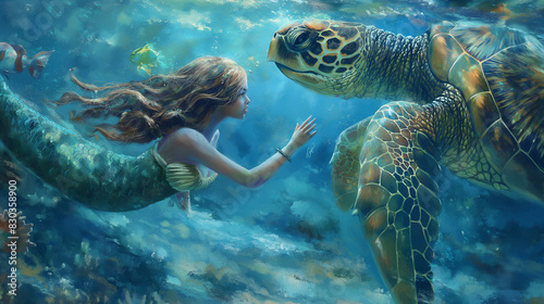 Mermaids and turtles are swimming gracefully through the crystalline blue waters, their movements synchronized in a harmonious ballet beneath the waves. 