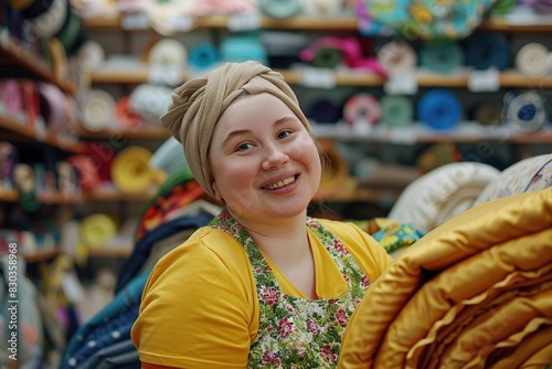 Girl with Down syndrome working in fabric store, looking joyful and smiling. Happy young woman with intellectual disability working as warehouse worker, saleswoman, sales assistant