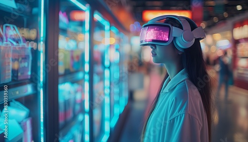 Person wearing a VR headset in neon room