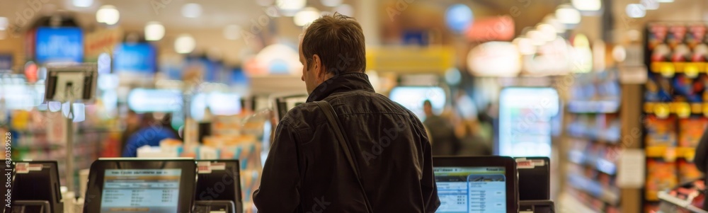 Man standing in a store, using self-checkout machines
Man standing in a store, using self-checkout machines