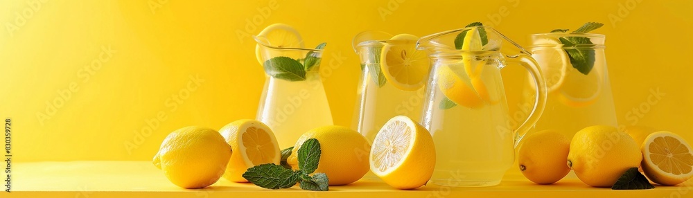 Lemonade stand backdrop with a bright yellow background, pitchers of lemonade, glasses, and lemon slices for a refreshing and summery scene Lemonade stand backdrop with a bright yellow background, pitchers of lemonade, glasses, and lemon slices for a refreshing and summery scene