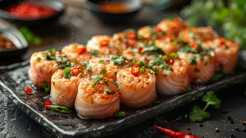 Vibrant image of skewered prawn appetizers with fresh spices on a smoked black dish against a dark background