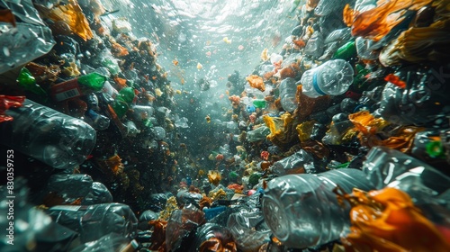 A dense cluster of plastic trash suspended underwater, highlighting the issue of ocean pollution