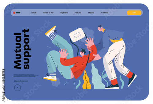 Mutual Support, Assisting Falling Person- modern flat vector concept illustration of man slipping, another supports him, preventing fall. Metaphor of voluntary, collaborative exchange of service