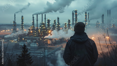 A man stands on a hill overlooking a city with smoke and flames in the distance. The scene is dark and ominous, with the smoke and flames creating a sense of danger and destruction