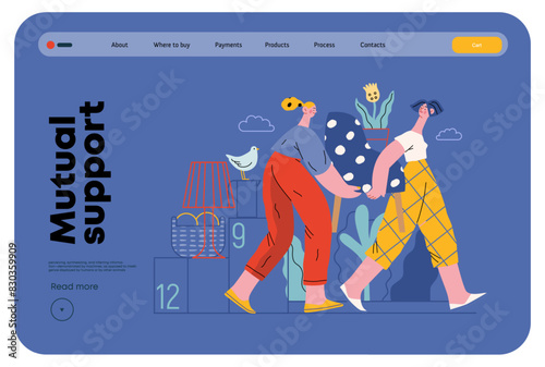 Mutual Support: Assistance with Moving -modern flat vector concept illustration of women collaboratively moving household items A metaphor of voluntary, collaborative exchanges of resource, services