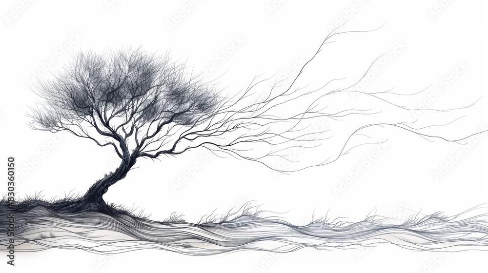 Fototapeta premium minimalist tree art, minimalist line art illustration of a tree with a single continuous line for trunk and branches, capturing essence in simplicity