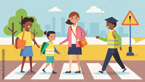 As parents hurry to drop off their children the school crossing guard keeps a watchful eye ensuring that no child steps into the road without her guidance.. Vector illustration