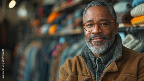 Man with a beard and glasses wearing autumnal colors inside a store with clothing racks
