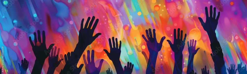 Several silhouettes of people raising their hands in front of a colorful background, party background Several silhouettes of people raising their hands in front of a colorful background, party background