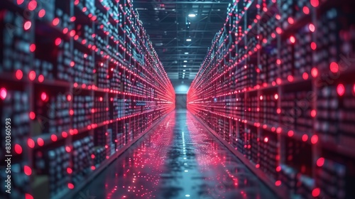 Futuristic server room with red led lights representing high-speed data processing Concept of a digital warehouse photo