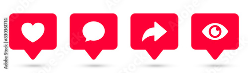 Like, comment, share and views icon buttons. Love or heart flat icon in modern speech bubble shapes , Social media notification icons. emoji post reactions set. Vector illustration