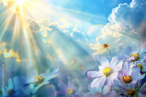 A dragonfly is flying over a field of flowers