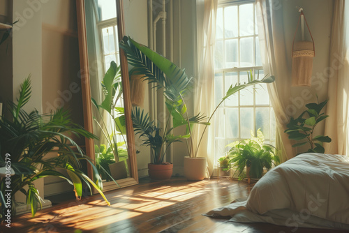 A bedroom with a large mirror and a few potted plants