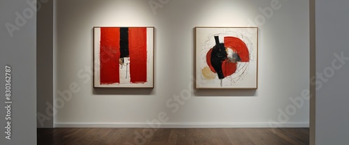 Abstract paintings hanging on white wall in art gallery 