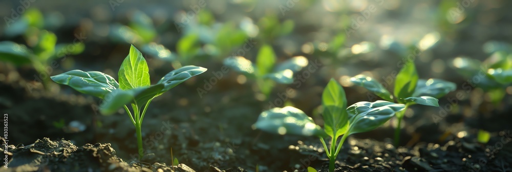 Tiny green shoots of a plant growing out of the soil towards the light. Tiny green shoots of a plant growing out of the soil towards the light.