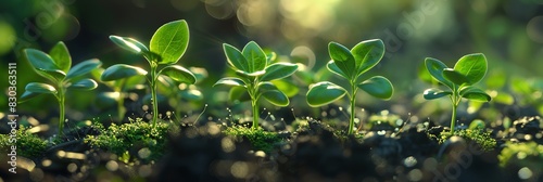 Tiny green plants growing in the soil towards the light