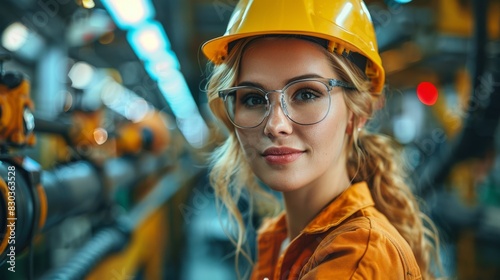 A blonde female engineer wears a yellow hard hat and safety glasses, representing professionalism © familymedia