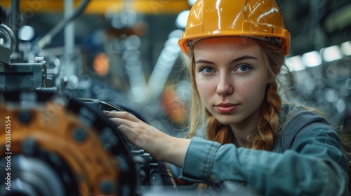 Focused young female mechanic working on machinery, symbolizing skill and occupation