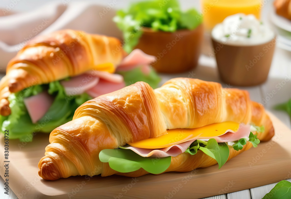 Fresh Croissant with Ham, Cheese, and Salad on White Wooden Background Fresh Croissant with Ham, Cheese, and Salad on White Wooden Background